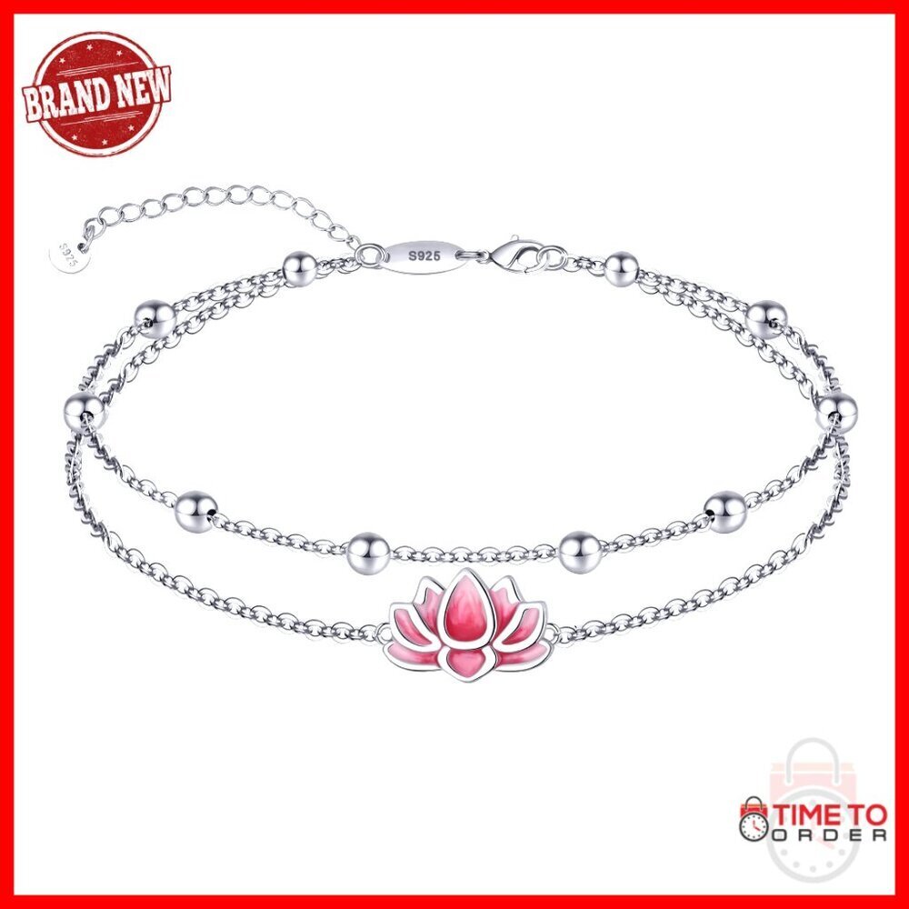Sterling Silver Adjustable Anklet with Lotus Charm, 9.5-10.5 Inches
